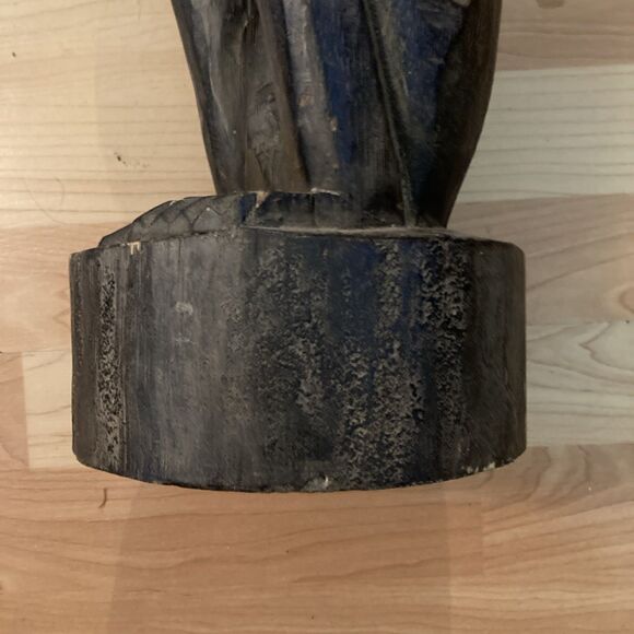 Vtg African Tribal Wood Hand Carved Primitive Statue Seated Figure Rope Hat - Picture 8 of 13